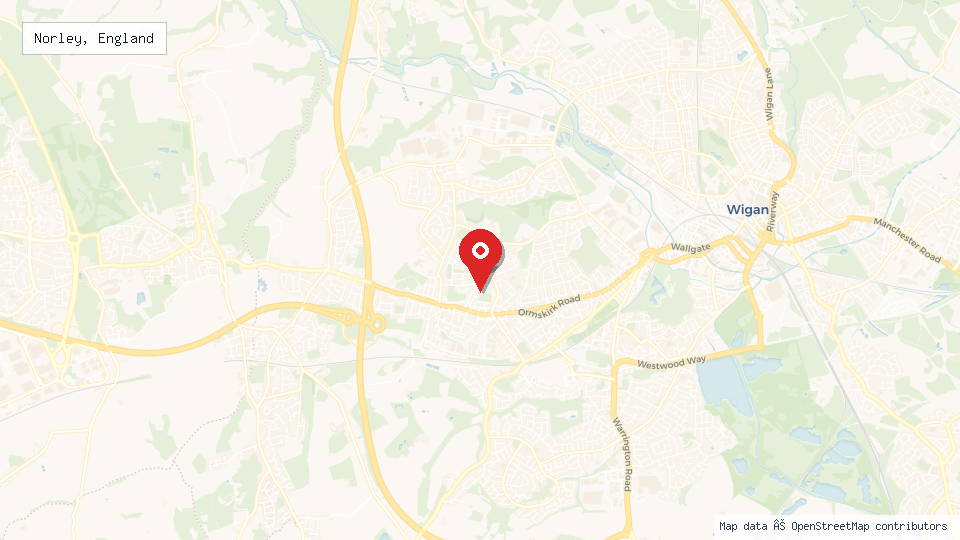 Street map of Norley, England with location pin