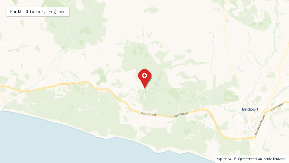 Street map of North Chideock, England with location pin