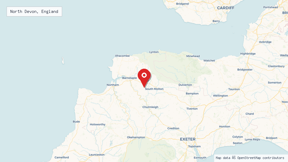 Street map of North Devon, England with location pin