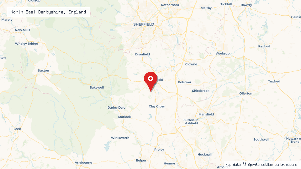 Street map of North East Derbyshire, England with location pin