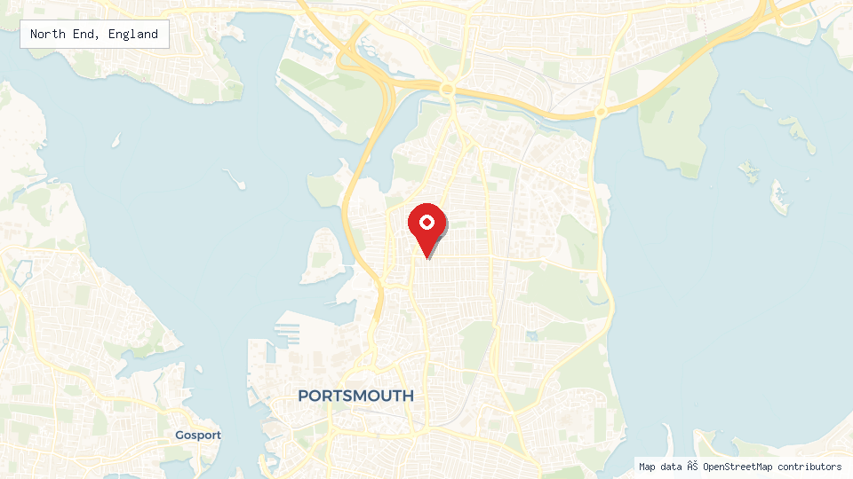 Street map of North End, England with location pin