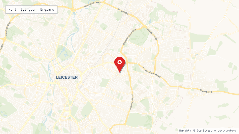 Street map of North Evington, England with location pin