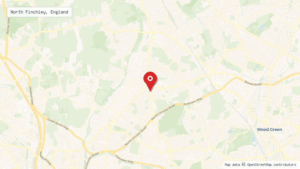 Street map of North Finchley, England with location pin