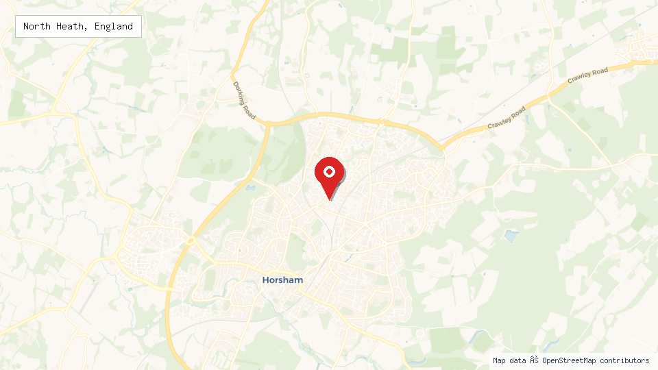 Street map of North Heath, England with location pin