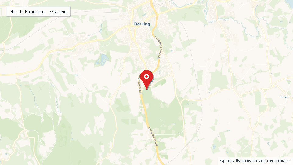 Street map of North Holmwood, England with location pin