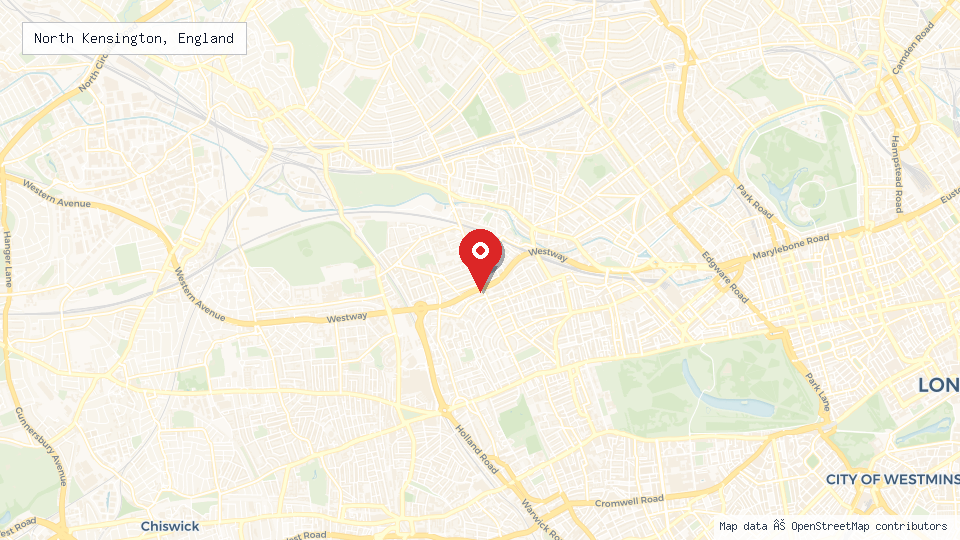 Street map of North Kensington, England with location pin