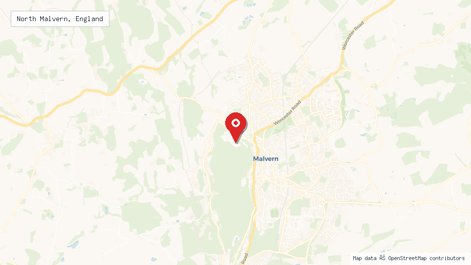 Street map of North Malvern, England with location pin