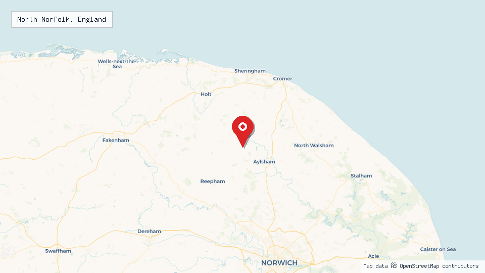 Street map of North Norfolk, England with location pin