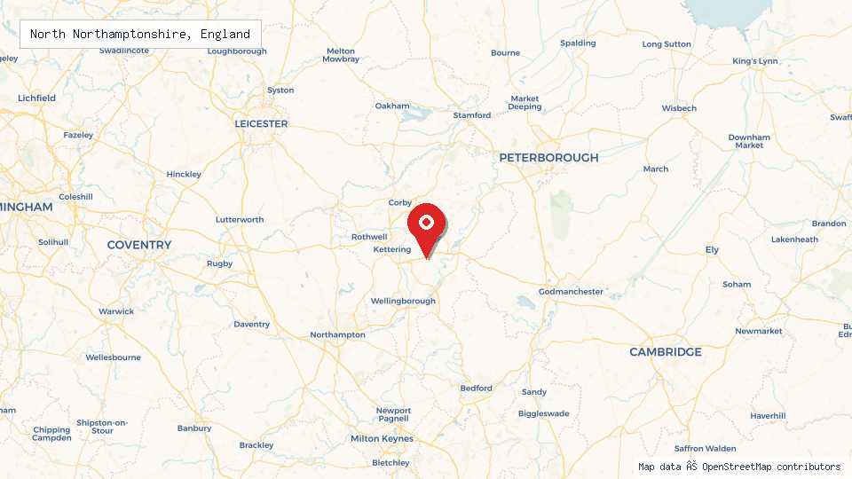 Street map of North Northamptonshire, England with location pin