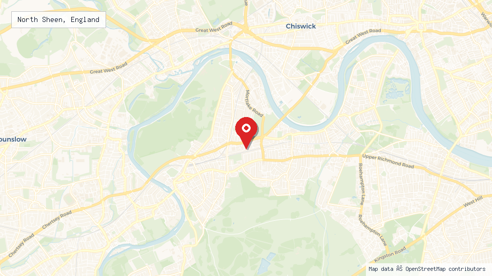 Street map of North Sheen, England with location pin