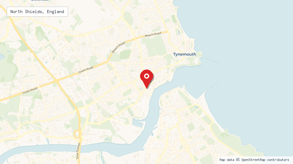 Street map of North Shields, England with location pin