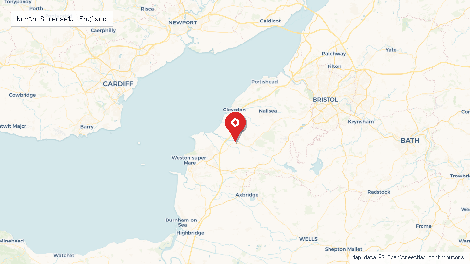 Street map of North Somerset, England with location pin