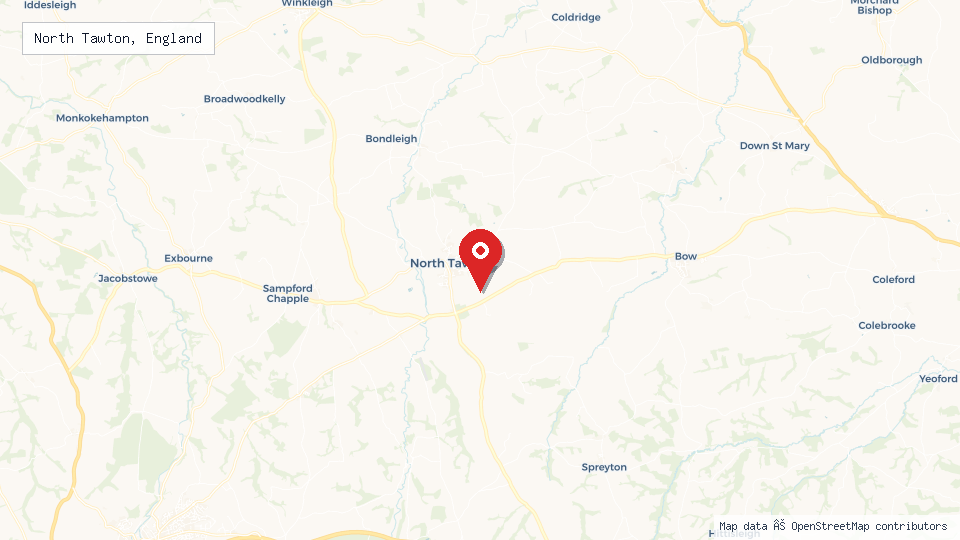 Street map of North Tawton, England with location pin