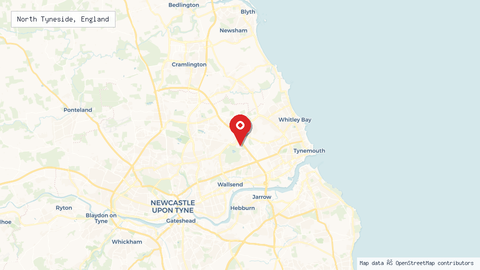 Street map of North Tyneside, England with location pin
