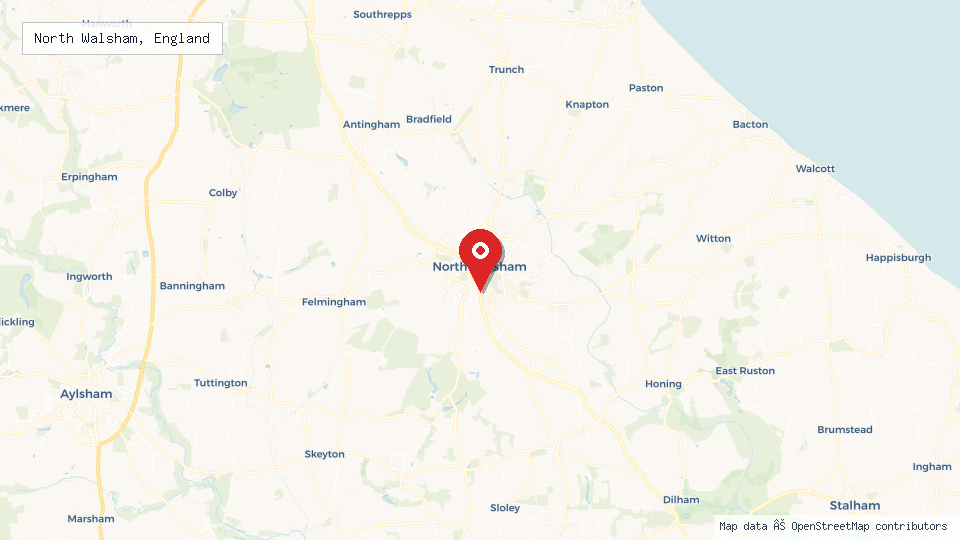 Street map of North Walsham, England with location pin