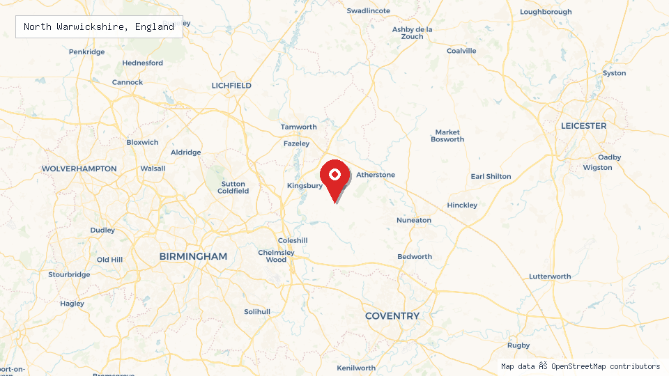 Street map of North Warwickshire, England with location pin