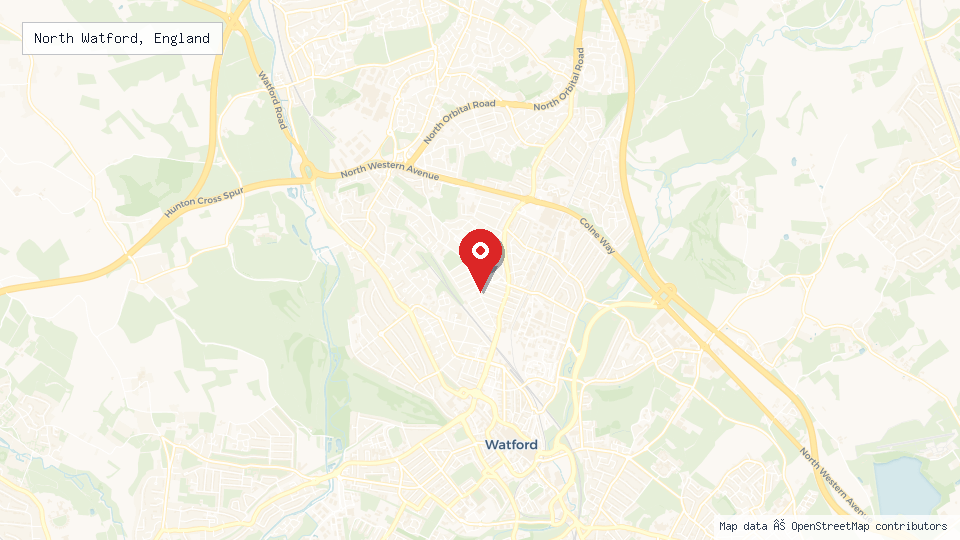 Street map of North Watford, England with location pin