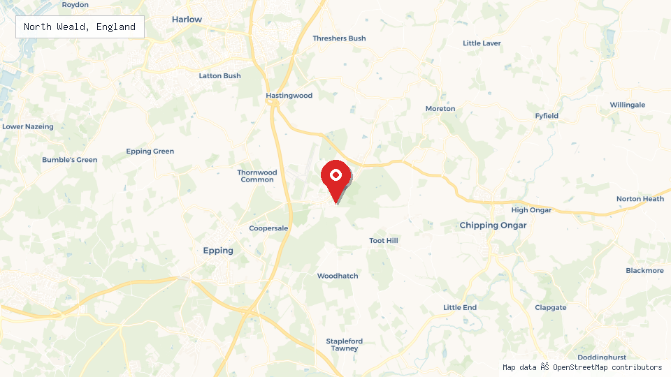 Street map of North Weald, England with location pin