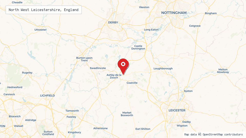 Street map of North West Leicestershire, England with location pin