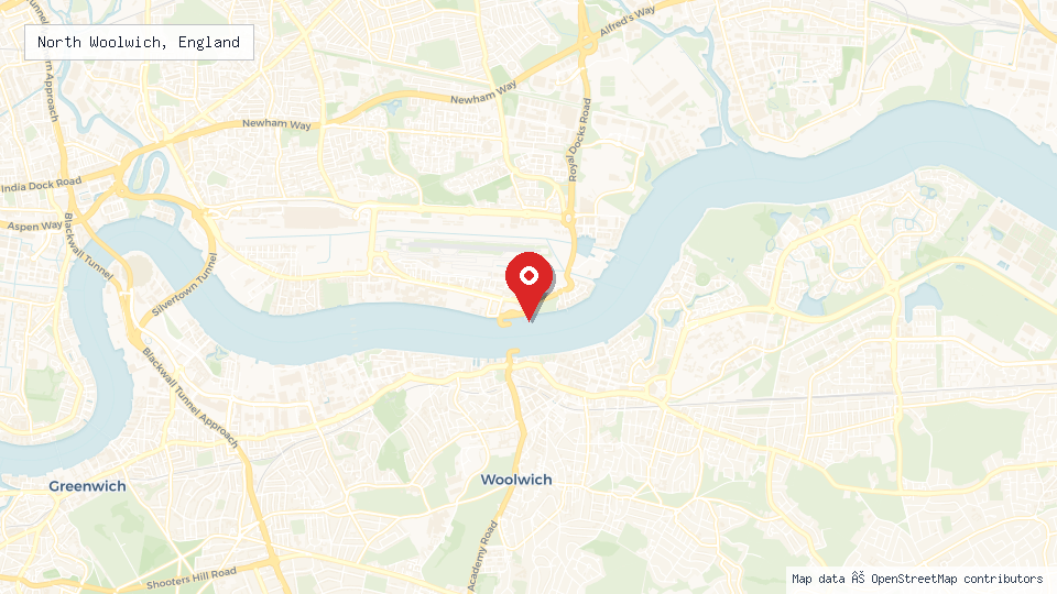 Street map of North Woolwich, England with location pin