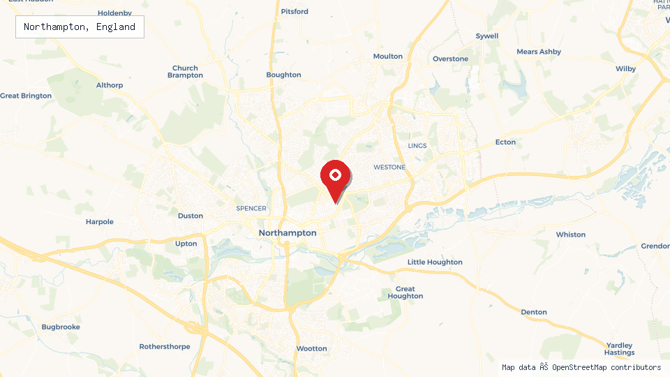 Street map of Northampton, England with location pin
