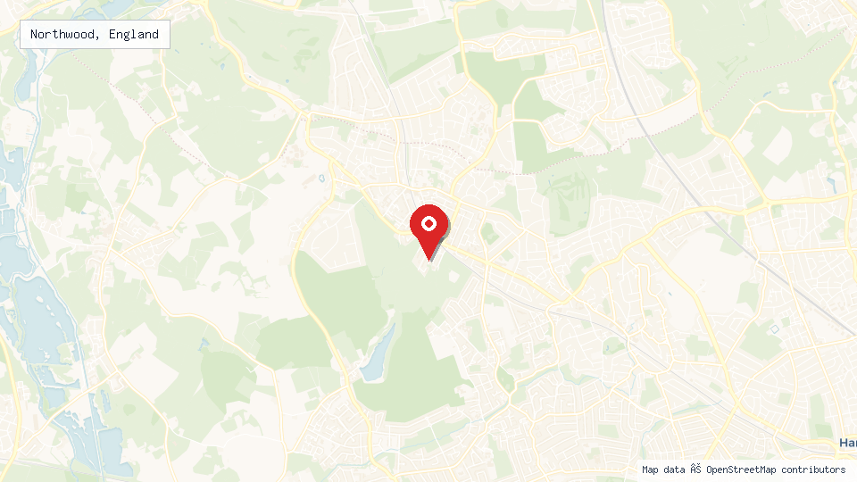 Street map of Northwood, England with location pin