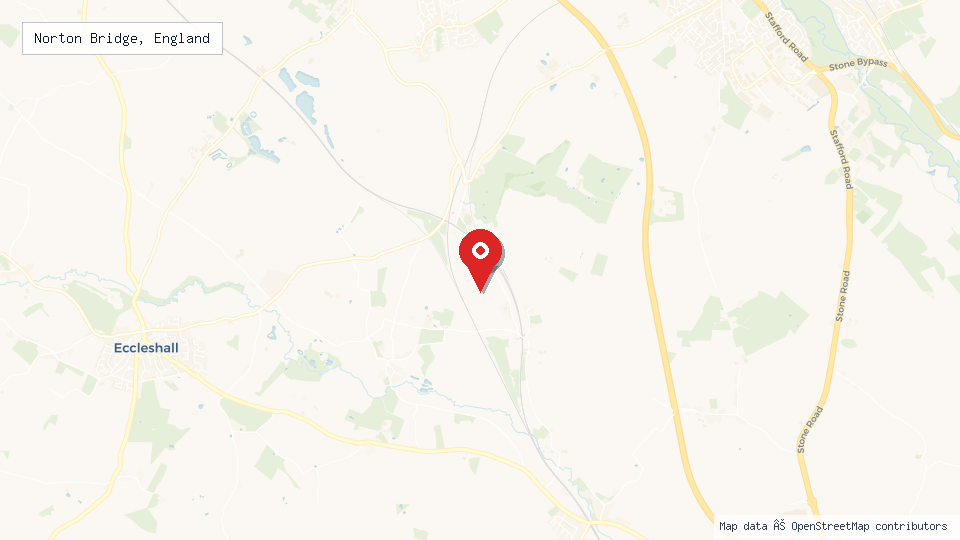 Street map of Norton Bridge, England with location pin