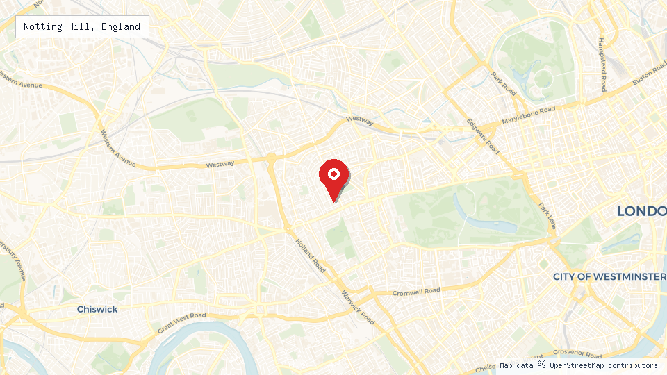 Street map of Notting Hill, England with location pin