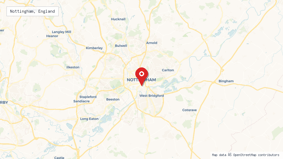 Street map of Nottingham, England with location pin