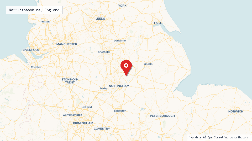 Street map of Nottinghamshire, England with location pin