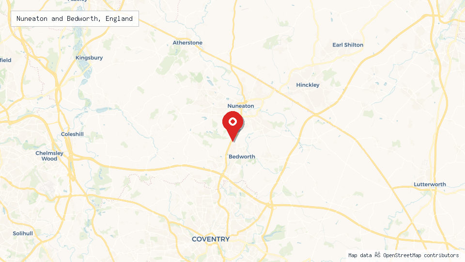 Street map of Nuneaton and Bedworth, England with location pin