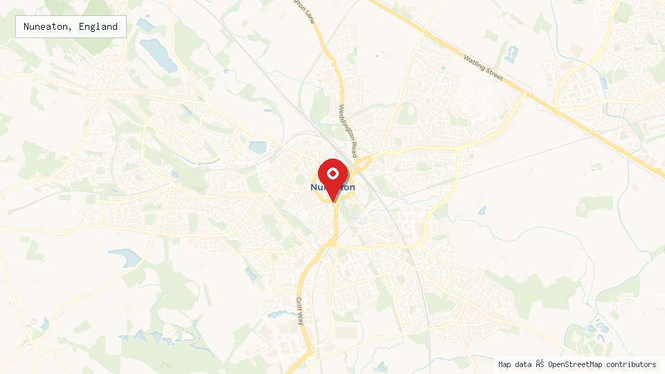 Street map of Nuneaton, England with location pin