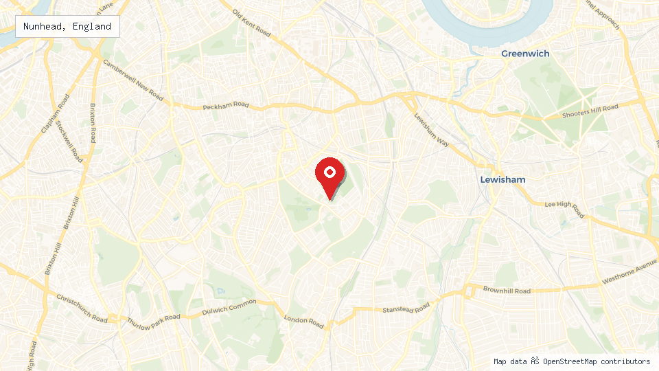 Street map of Nunhead, England with location pin