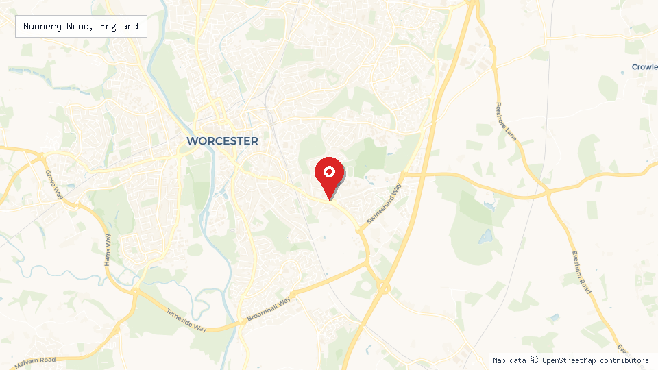Street map of Nunnery Wood, England with location pin