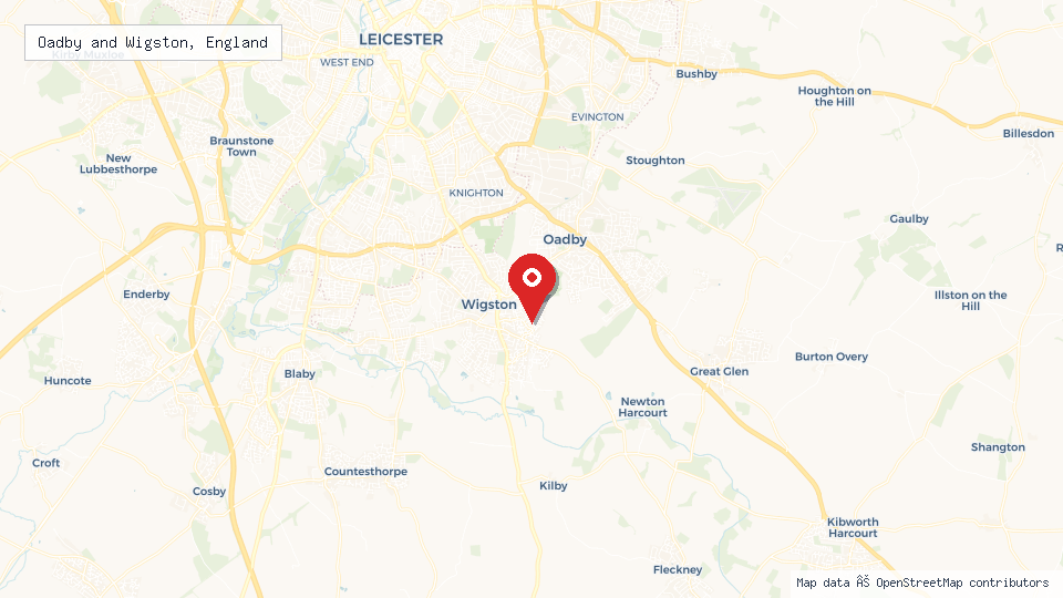 Street map of Oadby and Wigston, England with location pin