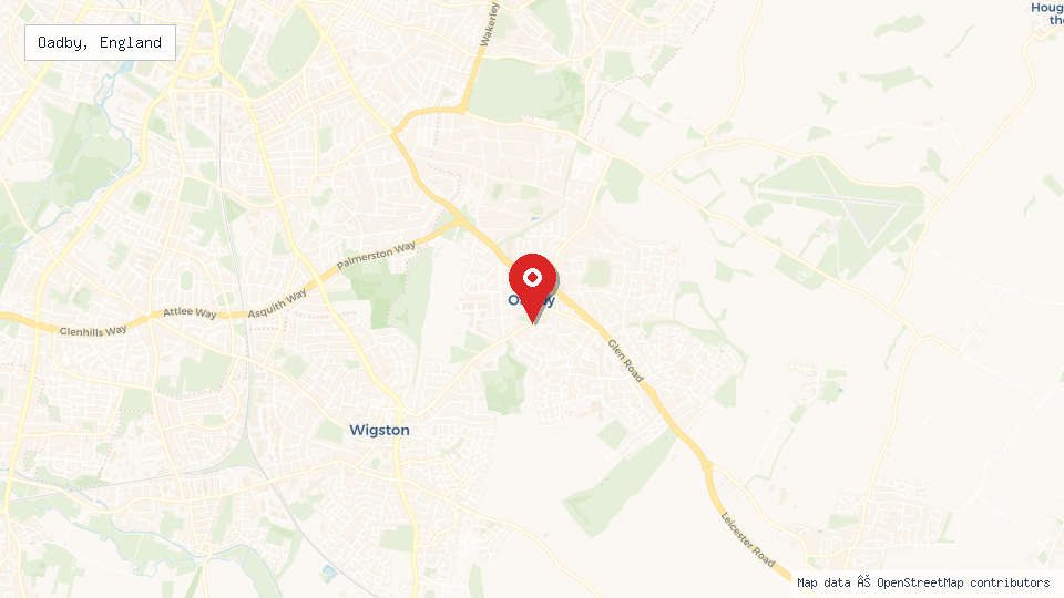 Street map of Oadby, England with location pin