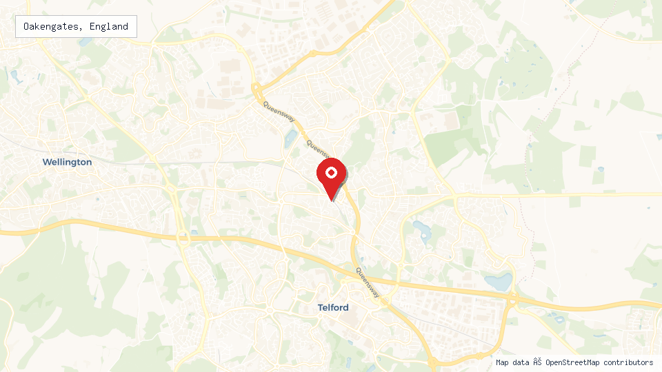 Street map of Oakengates, England with location pin