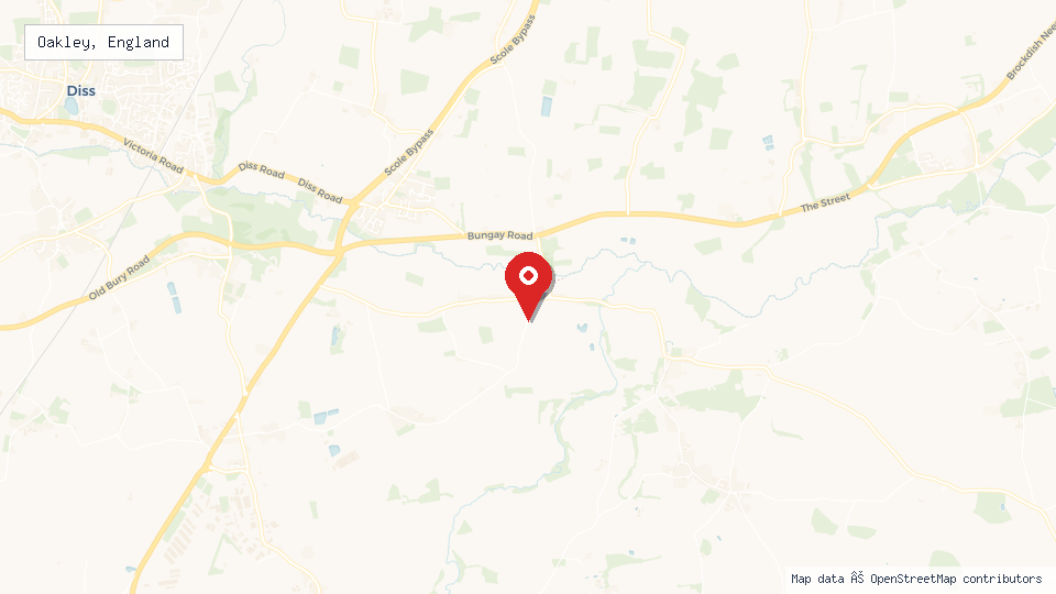 Street map of Oakley, England with location pin