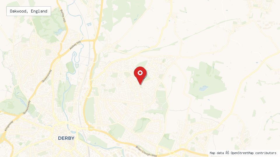 Street map of Oakwood, England with location pin
