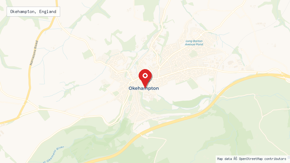 Street map of Okehampton, England with location pin