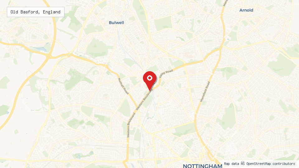 Street map of Old Basford, England with location pin