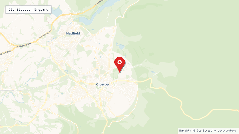 Street map of Old Glossop, England with location pin