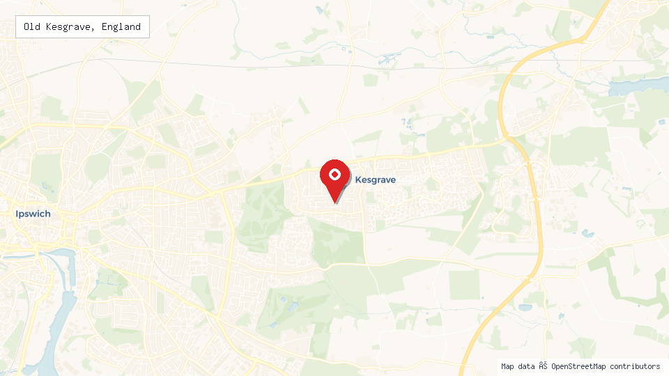 Street map of Old Kesgrave, England with location pin