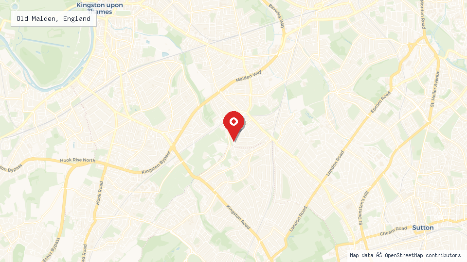 Street map of Old Malden, England with location pin