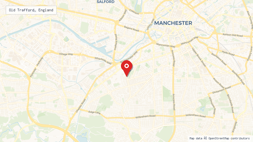 Street map of Old Trafford, England with location pin