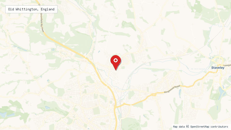 Street map of Old Whittington, England with location pin