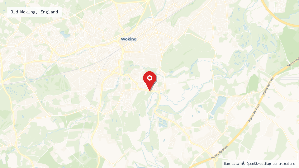 Street map of Old Woking, England with location pin