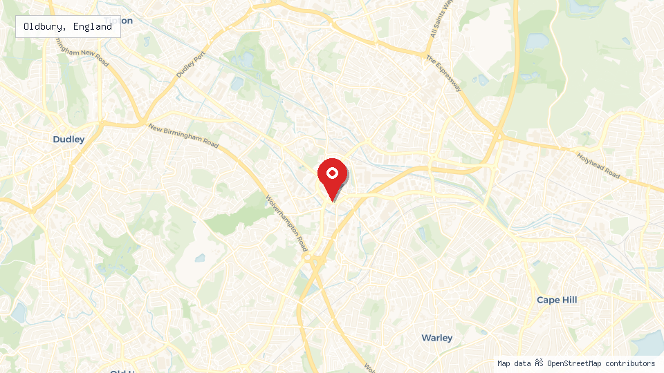 Street map of Oldbury, England with location pin