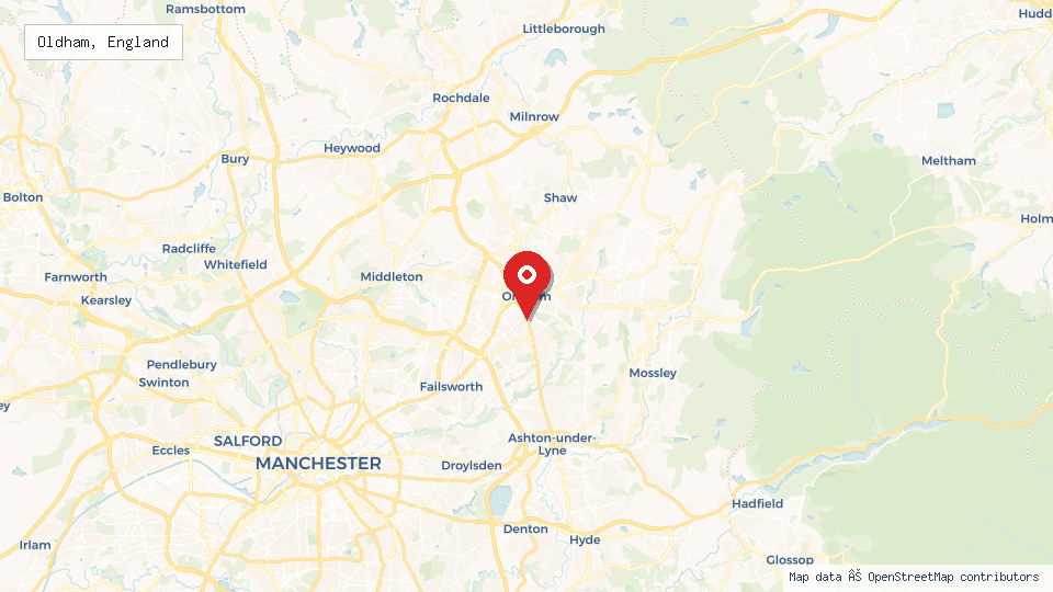 Street map of Oldham, England with location pin