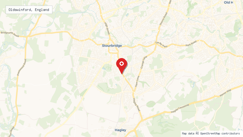 Street map of Oldswinford, England with location pin